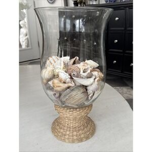 Glass Hurricane candle holder Woven Base With Seashells- 14.75" Tall